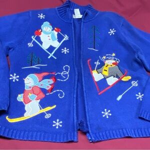 Dress Barn Blue and White Cardigan with Festive Snowman Winter Design